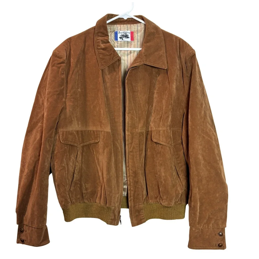 Brad Whitney Vintage Faux Suede Aviator Bomber Jacket Mens 2XL Brown Zip Front‎